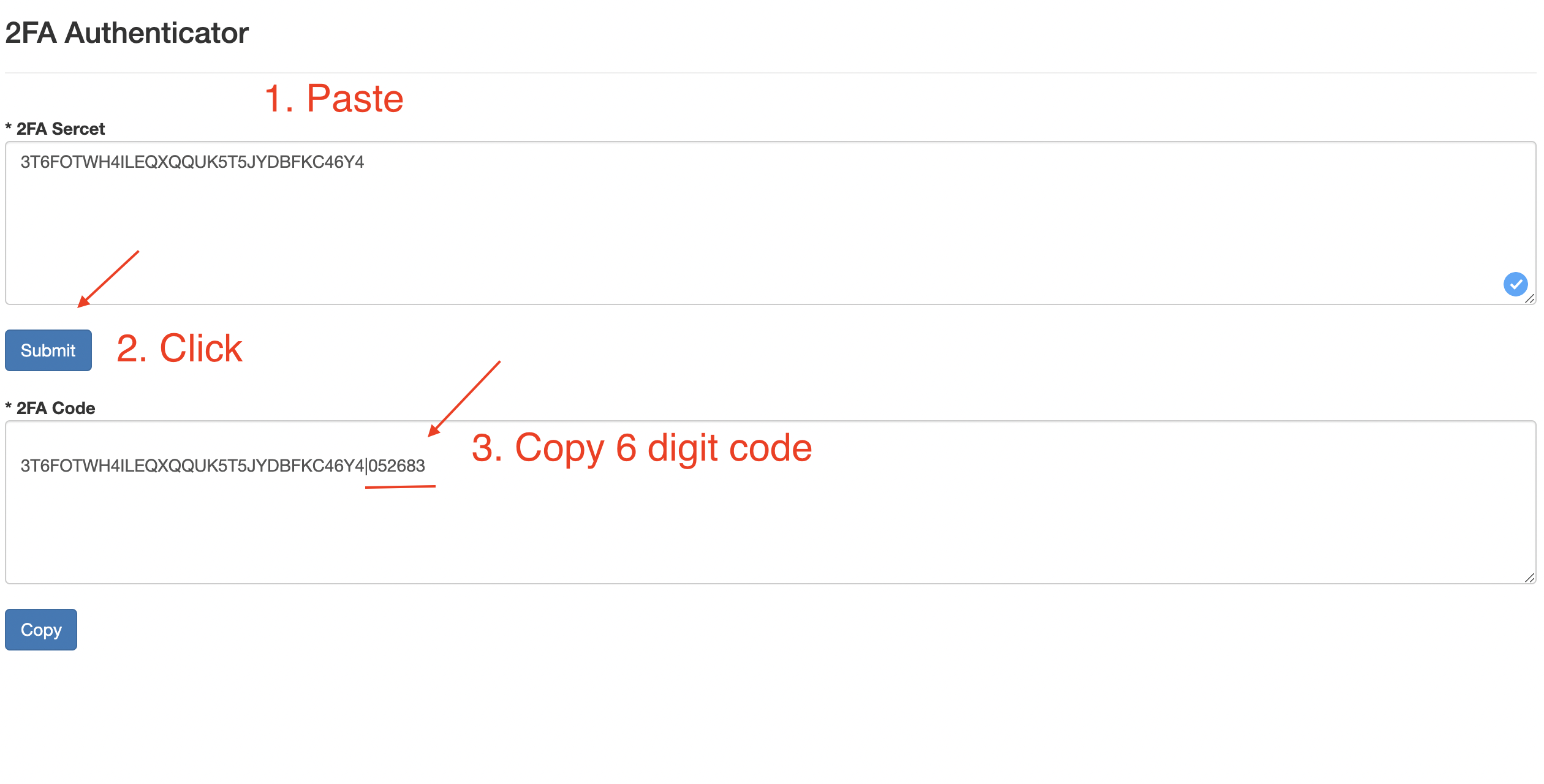 The 2fa.live form: the 2FA secret field on the left, the generated six-digit 2FA code on the right.